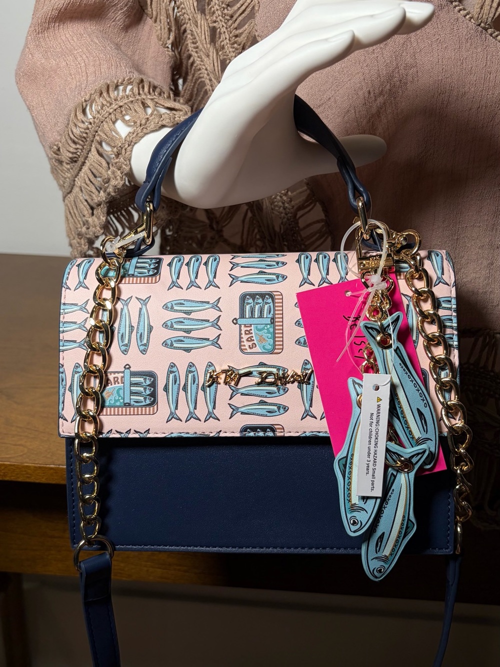 Betsey Johnson SARDINE BAG Pink & Navy Fish-Print Crossbody Satchel - Picture 7 of 15